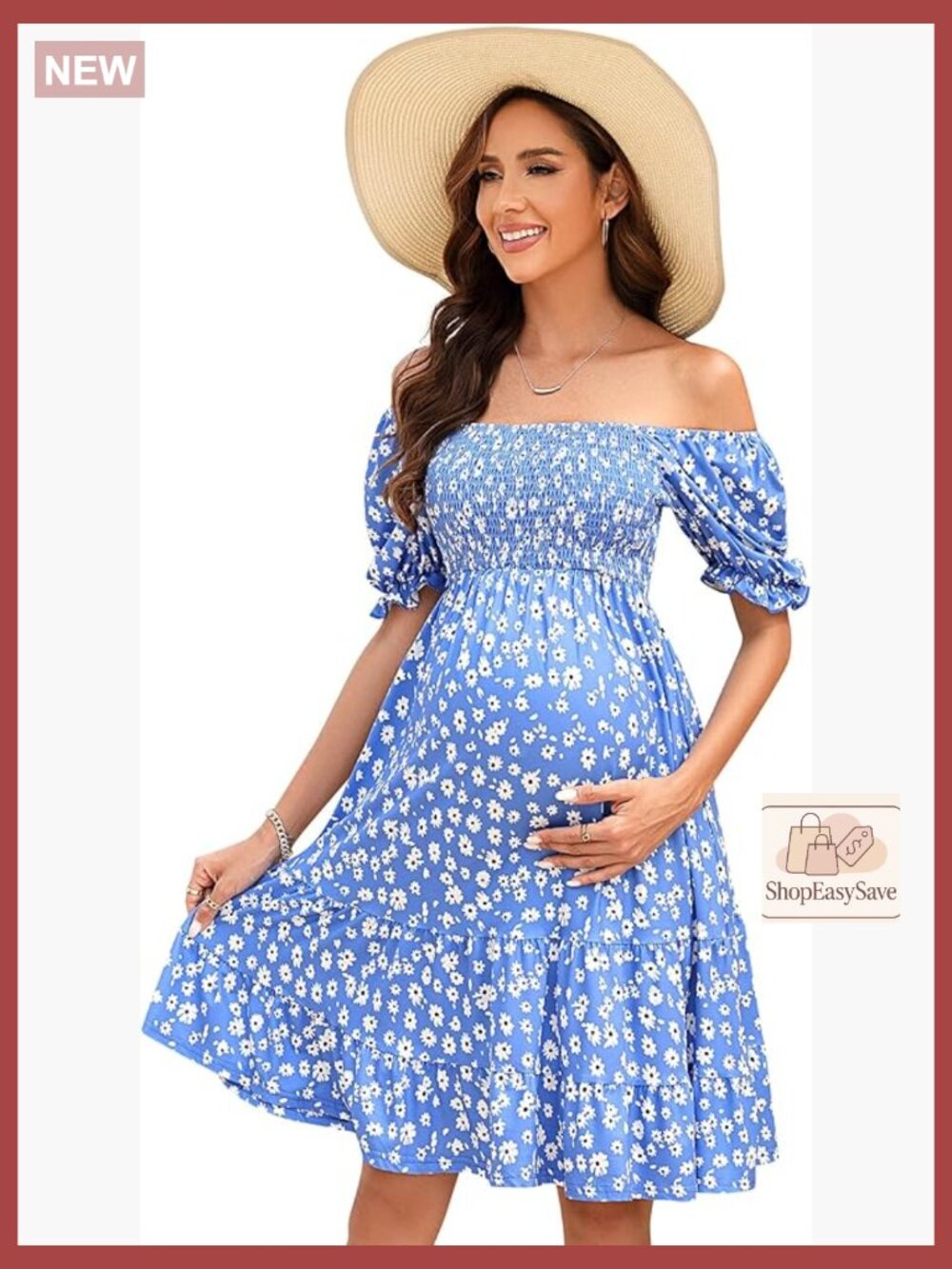 Floral Print Maternity Dress Puff Sleeve Square Neck Ruffle Hem Swing Style